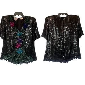 Vintage Stenay 100% Silk Sequin Allover Floral Top size Large